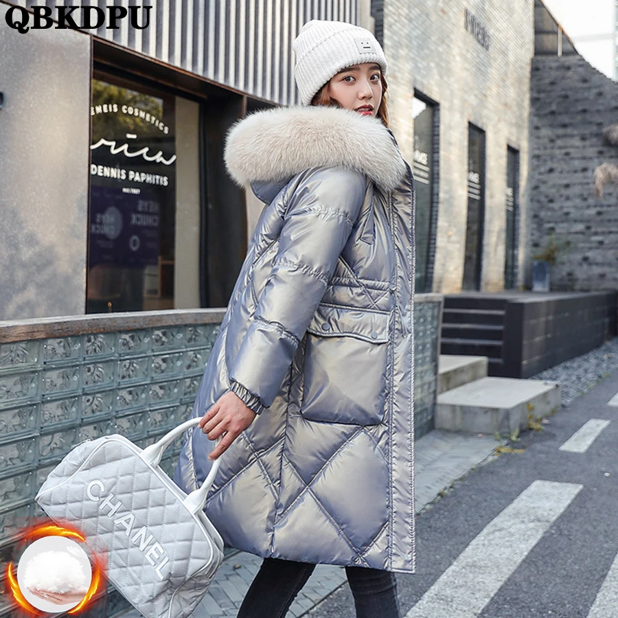 

Winter Hooded Faux Fur Collar Glossy Coat Mid-length Warm Thicken Women Down Cotton Snow Jacket Korean Parka Windbreaker Outwear