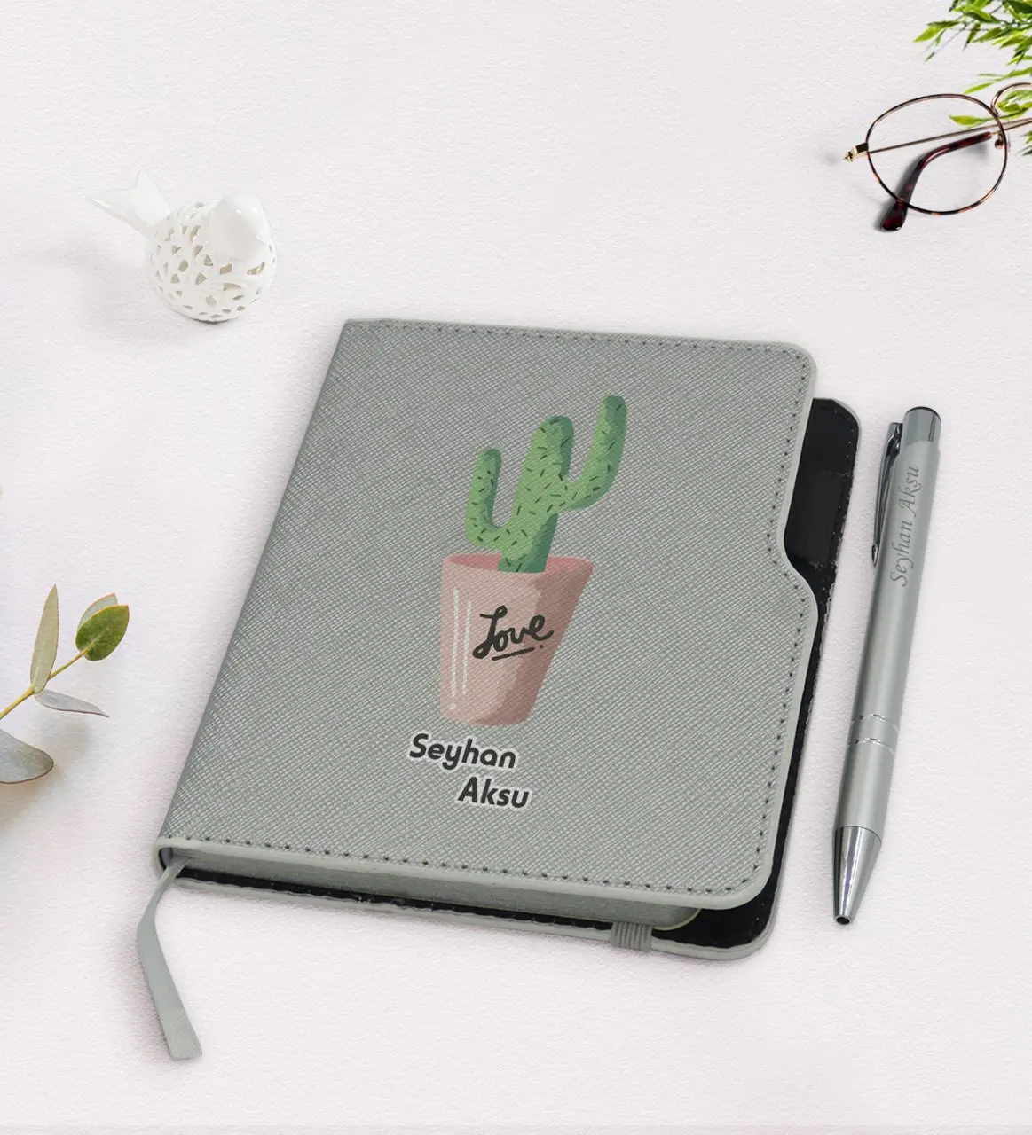 

Personalized Cactus Design Gray Thermo Leather Notebook Pen Seti-5