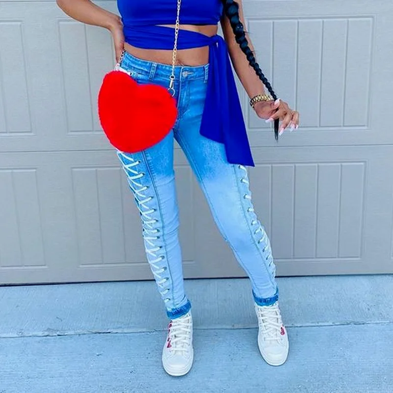 Bandage Jeans High Waist Clothes Pencil Denim Clothing Blue Streetwear Vintage 2021 Fashion Harajuku Skinny Pants Lace-up Pants