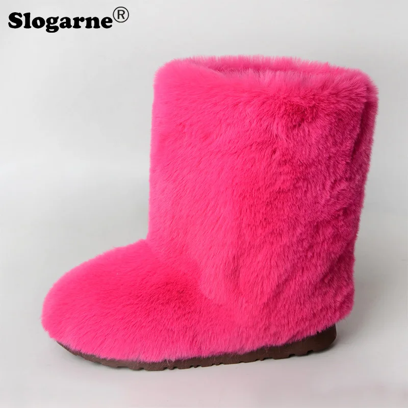 

2023 Fashion Faux Rabbit Fur Boots Women New Fluffy Luxury Snow Boots Furry Bottes Warm Mid-Calf Plush Flat Outdoor Winter Shoes