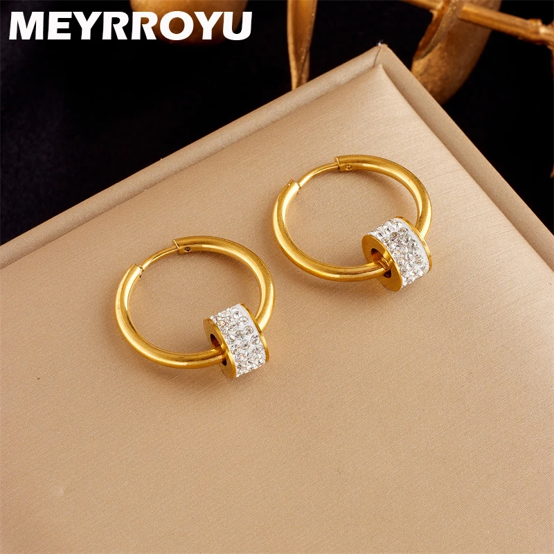 

MEYRROYU 316L Stainless Steel Hoop Earrings White Zircon Pendant for Women Accessories Temperament Jewelry Party Gifts Brincos