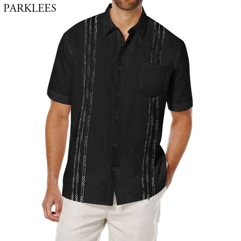 

Мужская Традиционная рубашка Guayabera, черная пляжная рубашка с коротким рукавом и воротником в лагере, мужская повседневная Пляжная рубашка н...