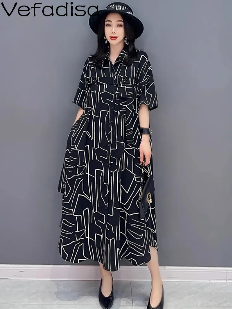 

Vefadisa 2023 Spring Summer New Fashion POLO Neckline Shirt Dress Personalized Elegant Women Black Slim Dress Trendy Girl ZY456