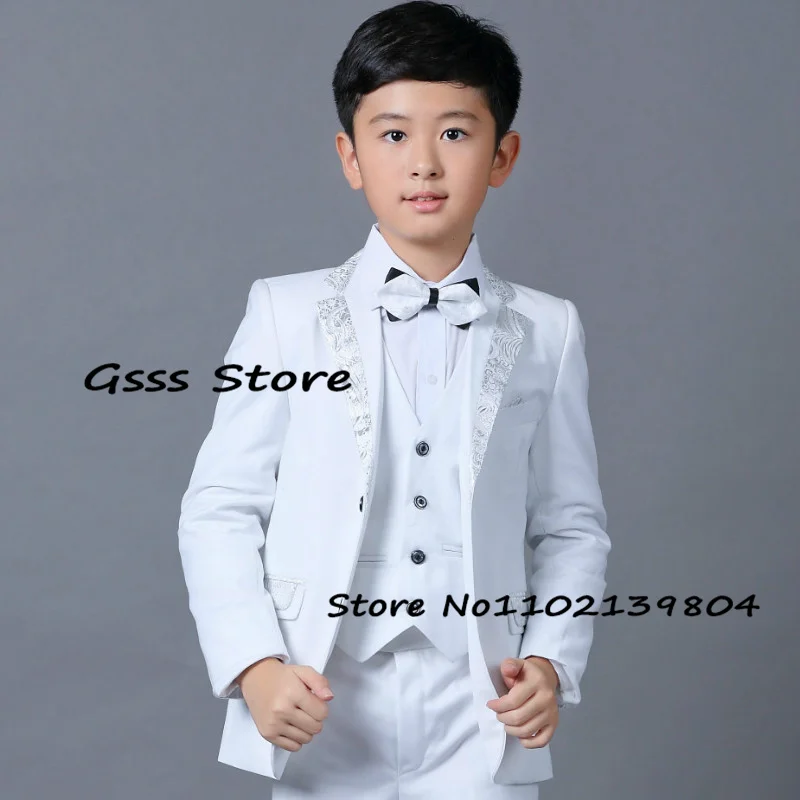 Boys White Tuxedo Wedding Stage Show Dress 3 Piece Pants + Vest + Blazer Formal Party Jackets Kids Fashion Clothes enlarge