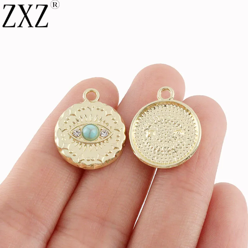 

ZXZ 10pcs Gold Plated Turquoise Evil Eye Round Charms Pendants for Earrings Necklace Bracelet DIY Jewelry Making Findings 18mm