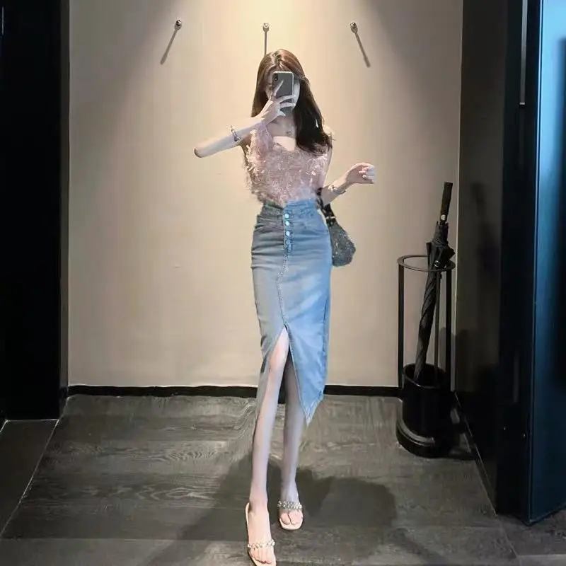 

Women's High Waist Slit Denim Skirt High-end Fairy Tassel Vest Top Fashion Two-piece Suit Short Skirt Women's Summer Clothing