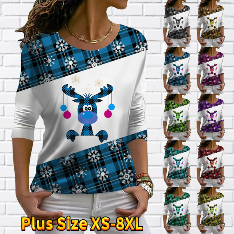 

2022 New Winter Deer Print T-shirt Loose Size Tops Simple Wind Long Sleeve Women Loose Size Pullover Vintage Elegant Tee Shirt