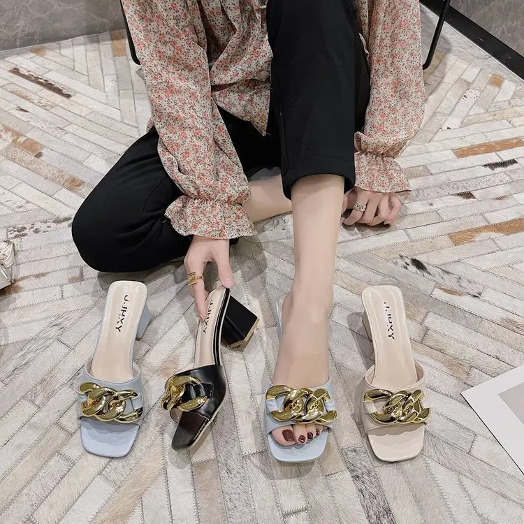 

Heels Slippers Women's 2022 Summer Fashion Desiger New Metal Chain Version Bow One Word Flat Slippers Woman Sandals Plus Size