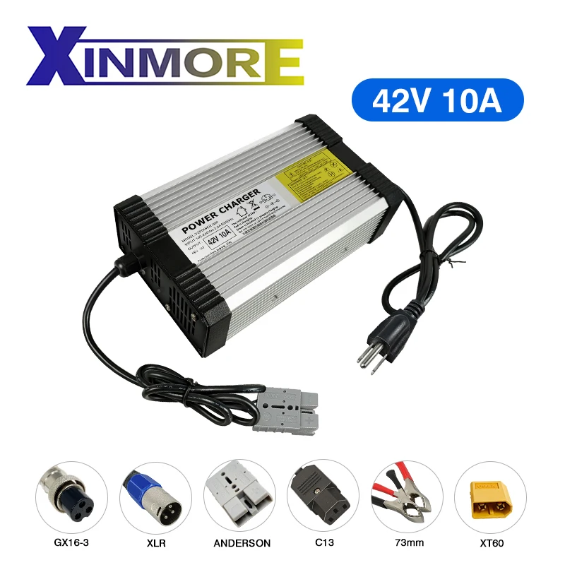 Быстрое зарядное устройство XINMORE для литиевых аккумуляторов 42 в 10 А 10 с соединителем постоянного тока для 36 В полимерного электровелосипеда, теплоотвод с вентиляторами