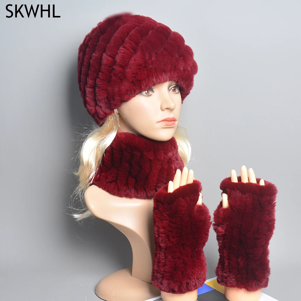 

Women Winter Knitted Elastic Real Rex Rabbit Fur Hat Scarf Gloves Sets Natural Warm Rex Rabbit Fur Cap Scarves Mittens 3 Pieces