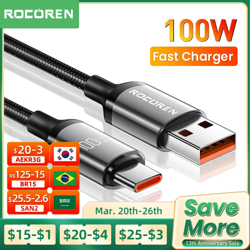 Rocoren USB Type C Cable 100W Fast Charging Charger Cable For Xiaomi Poco F4 F3 Realme Huawei 7A Supercharge USBC Data Wire Cord