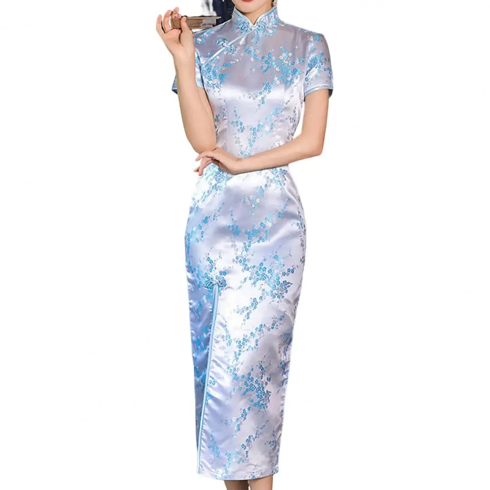 

Women Short Sleeve Disc Buckles Cheongsam Embroidery Plum Blossom Print Split Traditional Qipao Female Chinese Style Clothing