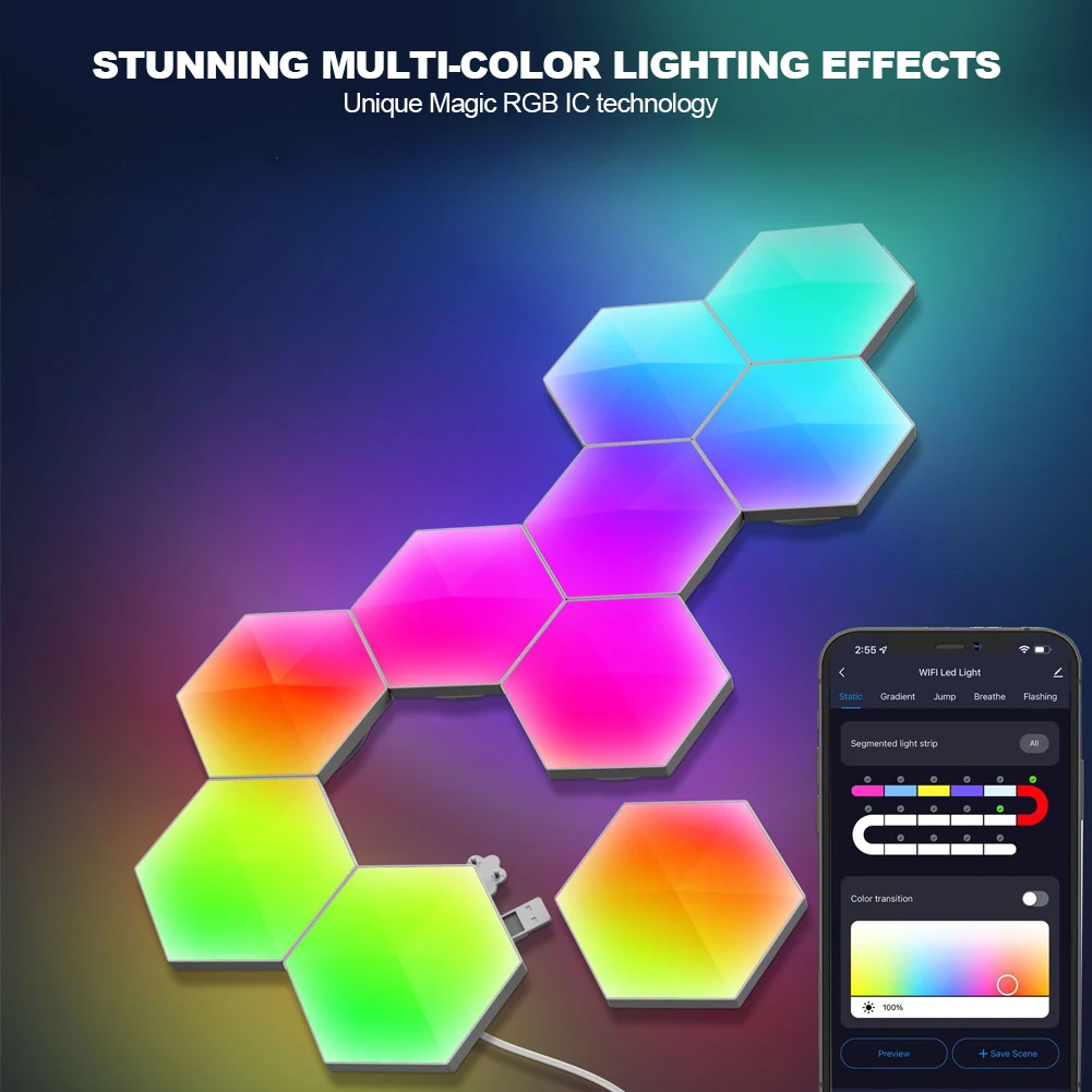 

Умные светильник вые панели с Wi-Fi и USB, светодиодный шестиугольный ночник «сделай сам» для создания ритма музыки и окружающей атмосферы, дек...