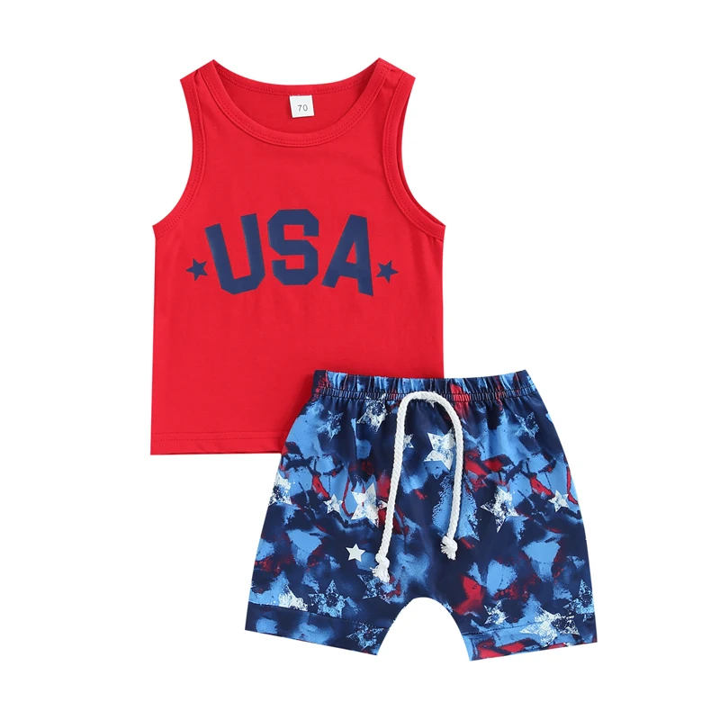 

Baby Boy Independence Day Suit Letters Print Sleeveless Tank Tops Elastic Waistband Blue Shorts