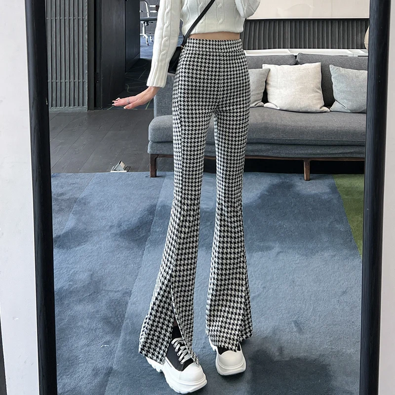 

Узкие брюки с высокой талией, новые женские брюки в Корейском стиле, модные клетчатые расклешенные брюки с рисунком ромбиками