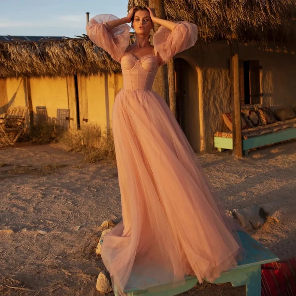 

Simple Pink A Line Prom Dresses Floor Length Tulle Evening Gowns Illusion Long Sleeve Off the Shoulder Party Dress