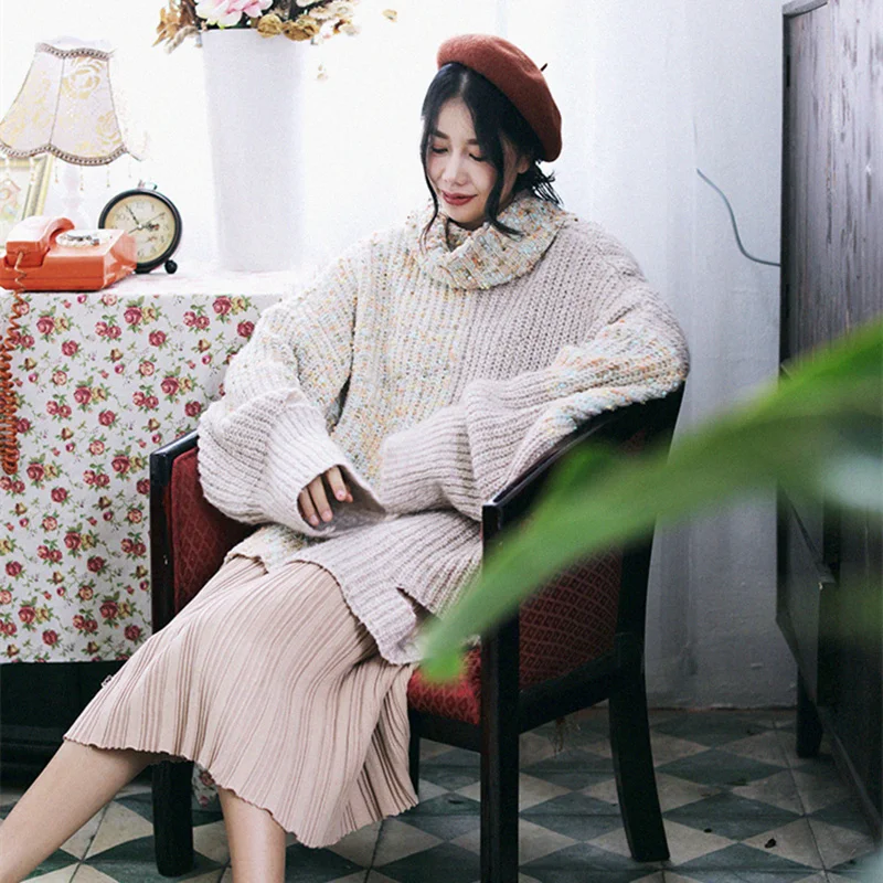 

korean New knitted Thick Pullover Women Turtleneck Knitted Sweater Shirt All-match Basic Half Sleeve Tops Clothing Female