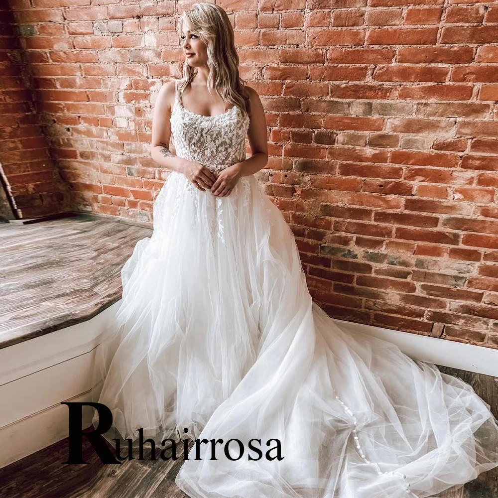

Ruhair Charming Spaghetti Straps Wedding Dresses For Mariages Appliques Lace Sequin Button Pleat Customised Vestido De Casamento