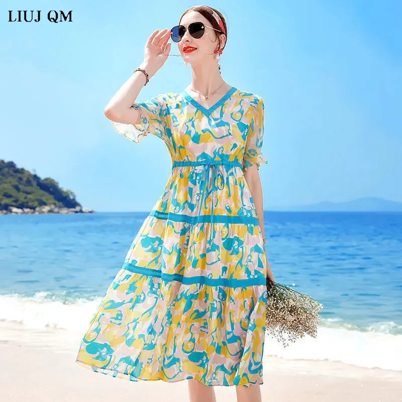 

2022 New Print Mulberry Silk V-Neck Midi Dress Summer Short Sleeve Fashon Light Beach Dress Women Korean Elegant Bodycon Dresses