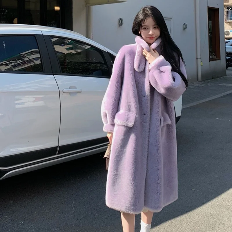 2022 New Women's Fur Coat Korean Chic Lamb Wool Mid-length Stand Collar Fur Coat Thick Autumn Winter Warm Solid Color Overcoat