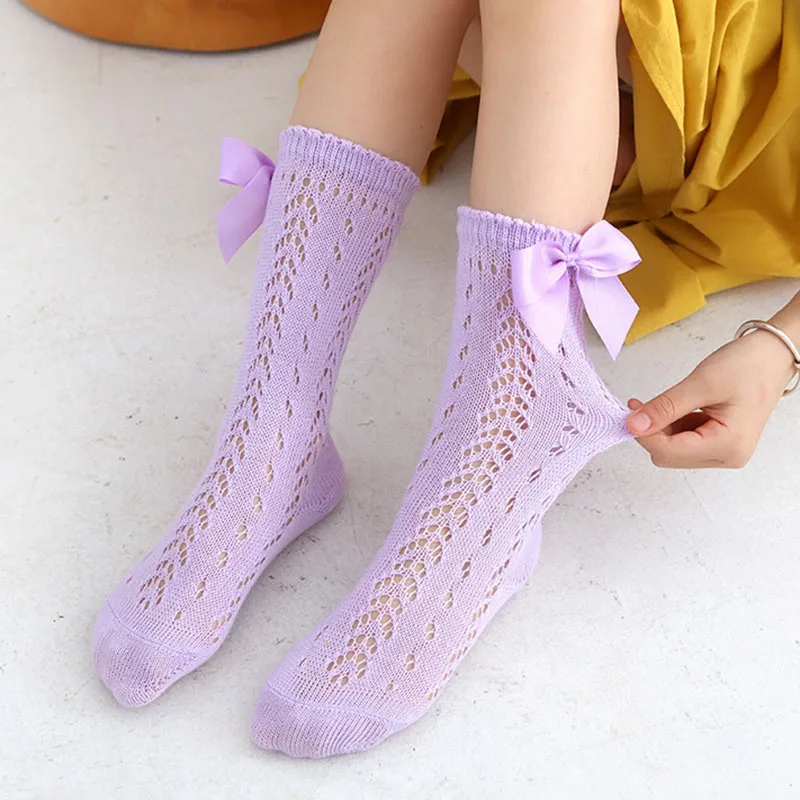 

Cute Kawaii Princess Knee High Long Tube Stockings Summer Thin Cotton Mesh Hollow Out Solid Color Bow Socks for Baby Children
