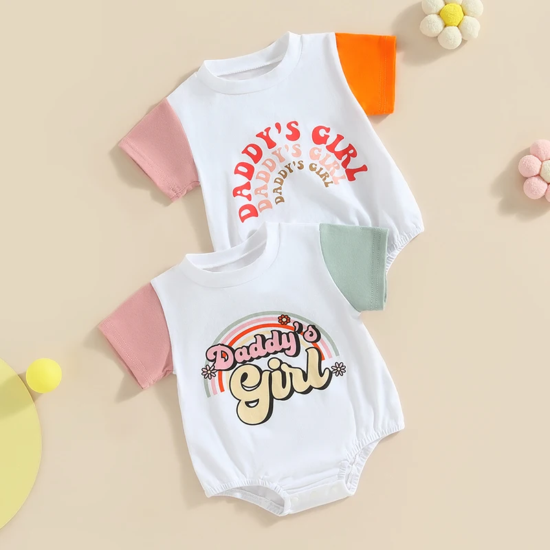 

Baby Girl Father’s Day Outfits Short Sleeve Rompers Contrast Color Letter Print Newborn Bodysuit