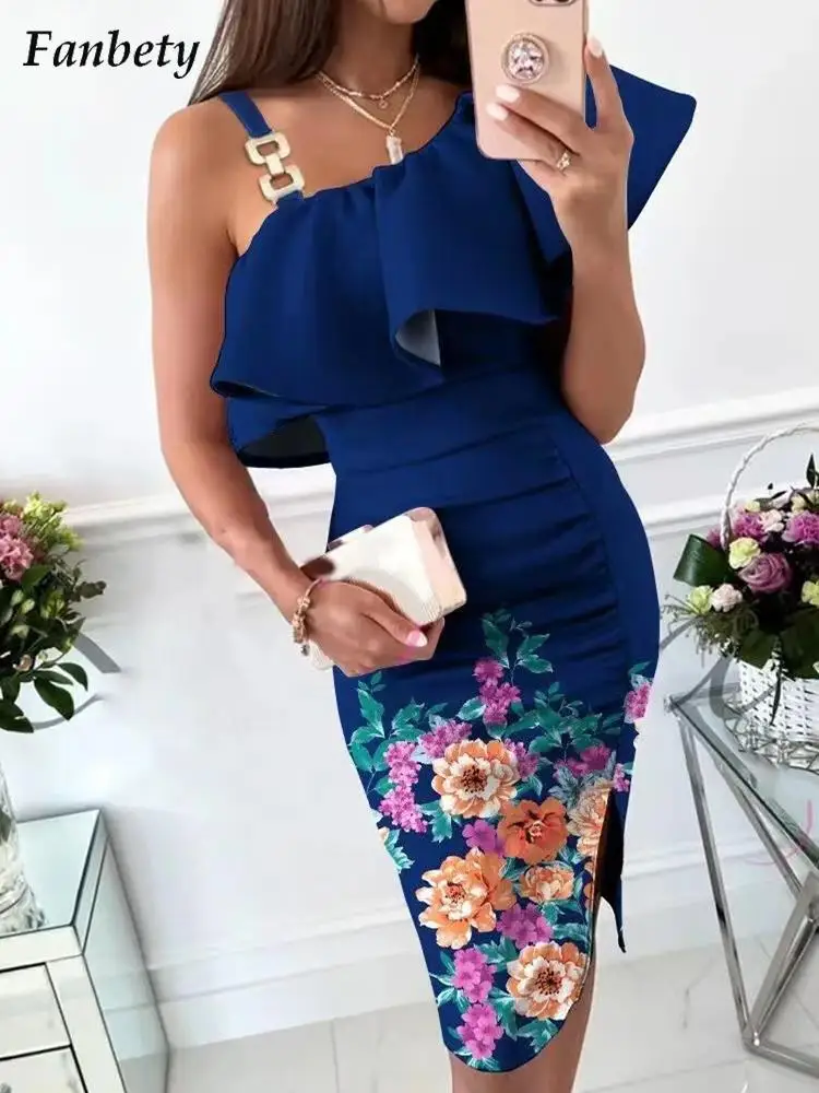 

Summer Fashion Pattern Print Party Dress Women Elegant Diagonal Collar Ruffle Bodycon Dress Ladies Sexy Sleeveless Slit Dress