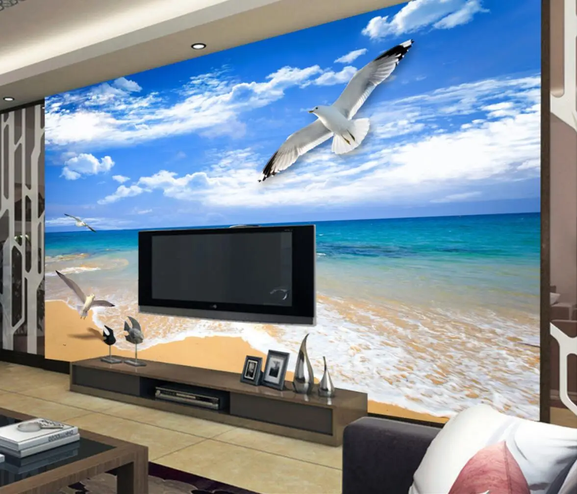 

custom blue sky white clouds seaside beach seagull Mural Wallpaper Modern 3D wallpapers for Living Room TV Sofa Background