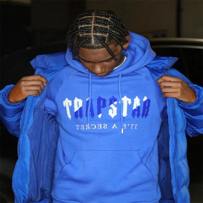 Casual Trapstar Man Set Chenille Decoded Streetwear Hooded Tracksuit Bright Dazzling Blue/White Top Quality Embroidered Woman