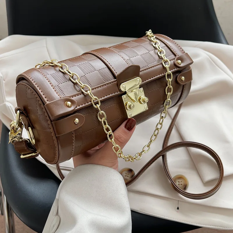 

High Quality Ladies Checkered Shoulder Bag 2022 New Retro Women's Bag Messenger Bag Fashion Trendy Chain Cylinder Bag Women