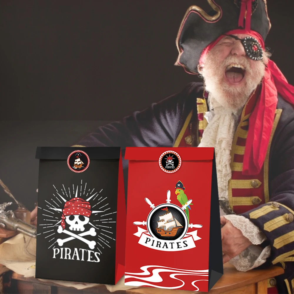 

LB022 12pcs Cool Cosplay Pirate Birthday Party Paper Gift Bags with Stickers Cookies Food Biscuits Decorating Kraft Paper Bags