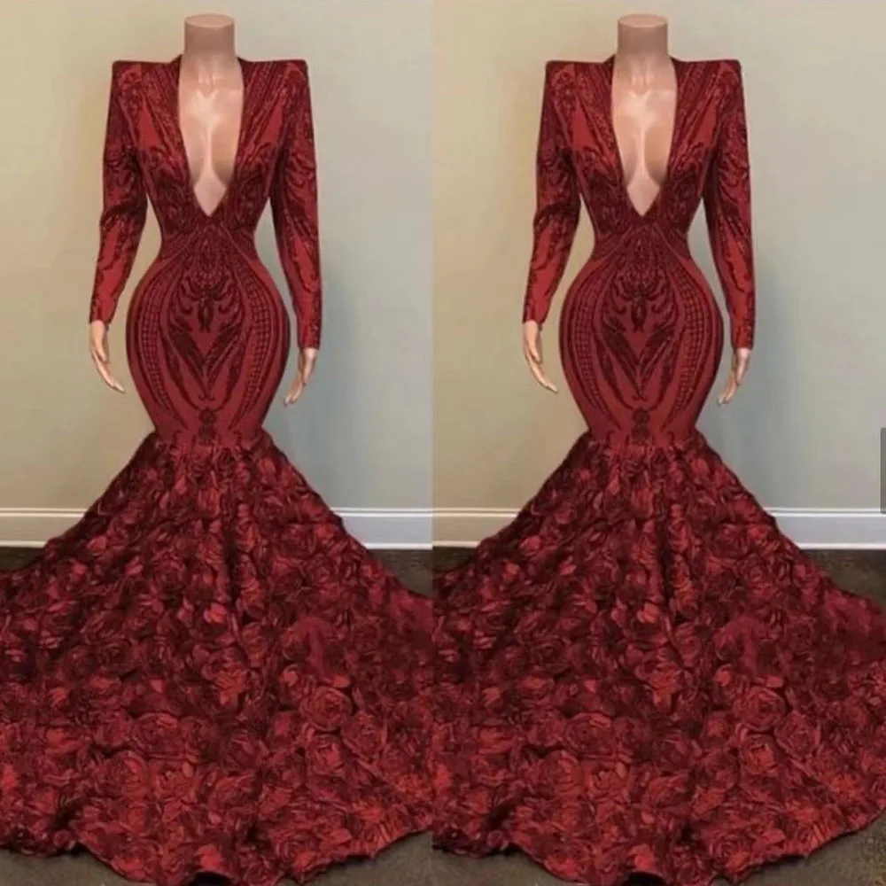 

Красные Выпускные платья с длинным рукавом и V-образным вырезом Русалка ручной работы с цветами Eveining платья с блестками Длинные Выпускные п...