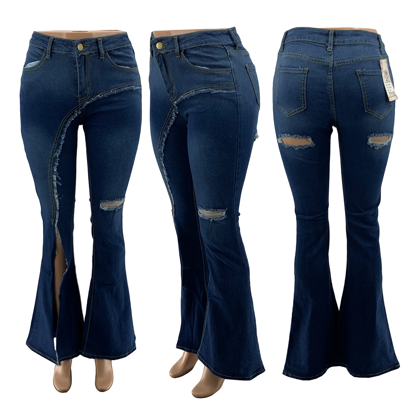 Women's 2022 spring and autumn new street INS personality stitching split high waist ripped jeans trousers spot