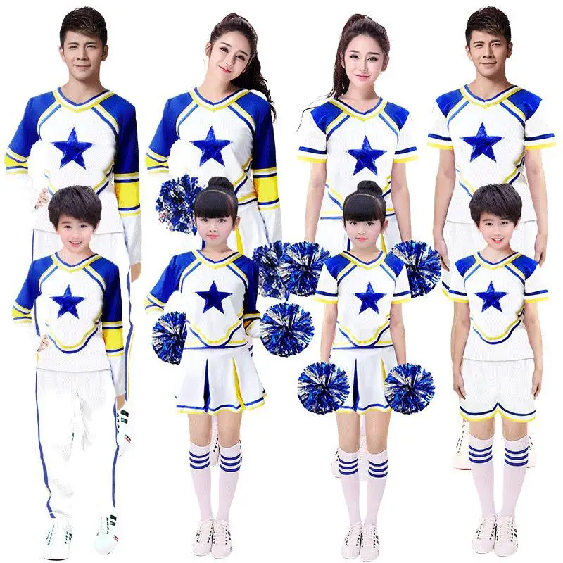 Long Sleeves Cheerleading Costume poms Girls Boy Competition Blue Cheerleaders School Team Uniform Class Suit For Child Dancing