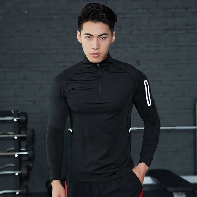 Черная Мужская рубашка для бега пуловер на молнии с воротником Madarin длинным