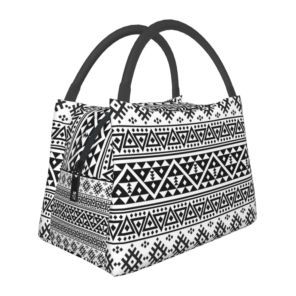 

Tribal Print Lunch Bag Black White Geometric Aesthetic Lunch Box School Convenient Tote Food Bags Print Cooler Bag