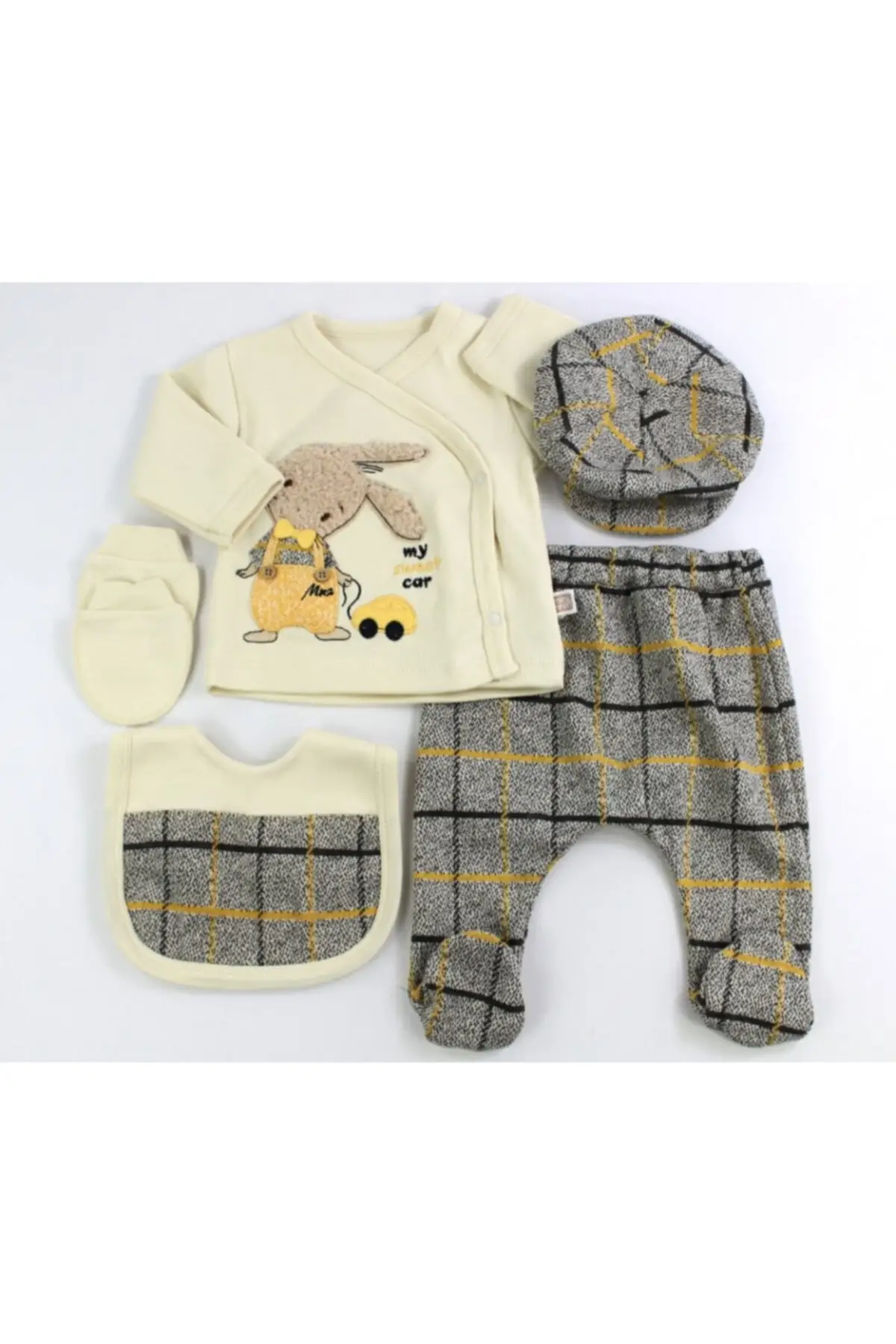 New Season Kasketli Rabbit Male Baby 5li Hospital Output Set Newborn Outfit