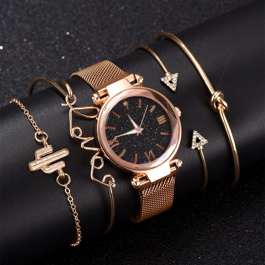 New Women Watches and Bracelets 5 PCS Set Dress Fashion Gifts For Women Girls Quartz Stainless Magnetite Wrist Watches Saat