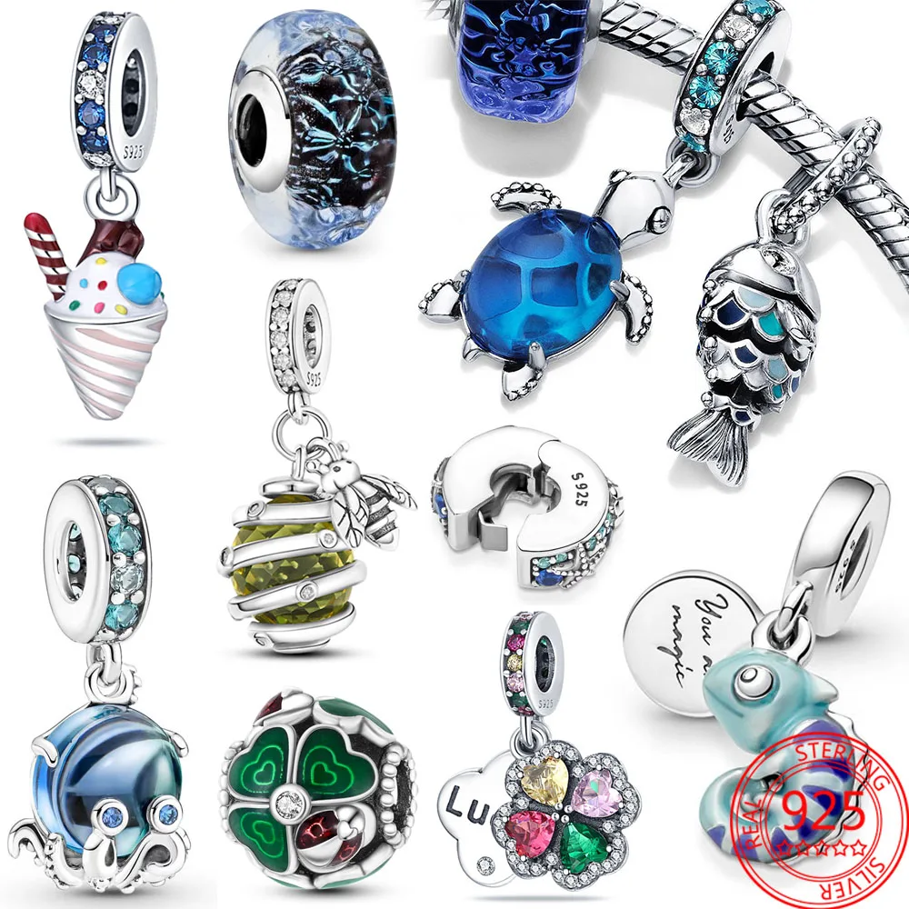 

Summer Ocean Collection Fits Brand Bracelet Murano Glass Cute Octopus Charm Chameleon Charm 925 Sterling Silver Jewelry Gift