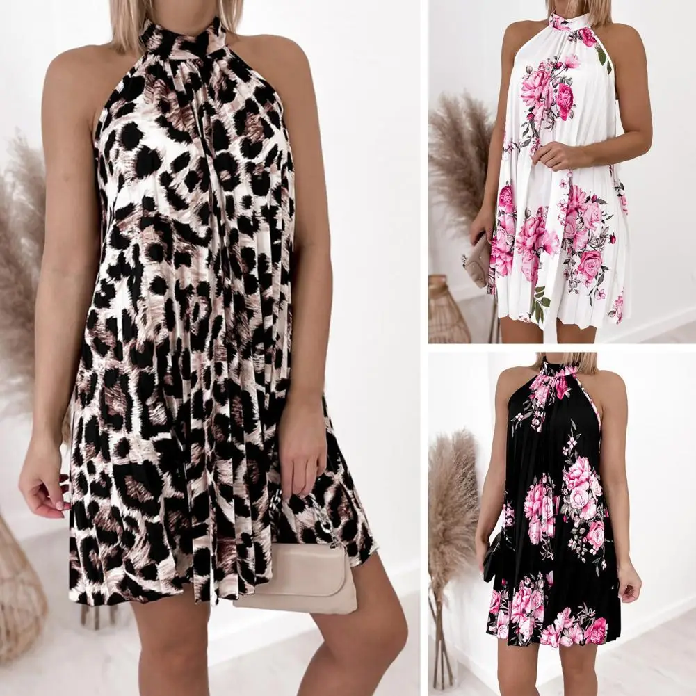 Beach Dress Stand Collar Loose Flower Print Pleated Shoulder-less Holiday Dress Female Clothes