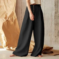 trousers women casual pants loose fit wide leg pants full length wide leg pants wide leg buttons pockets cotton flax pants