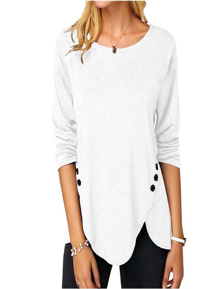 

Женский Асимметричный топ с пуговицами на подоле, однотонная хлопковая футболка с длинным рукавом и круглым вырезом, уличный тренд, повседн...