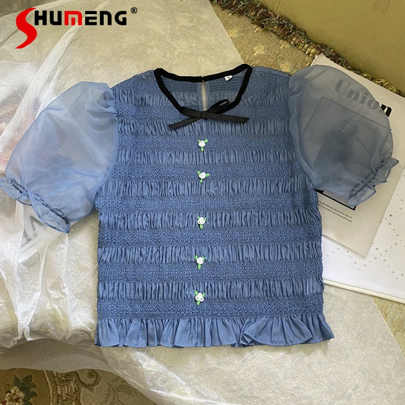 

Ladies 2022 Summer New Fashion Simple Puff Sleeve Short Sleeve Shirt Women Elegant Ruffled Bow Solid Short Slimming Blouses Top