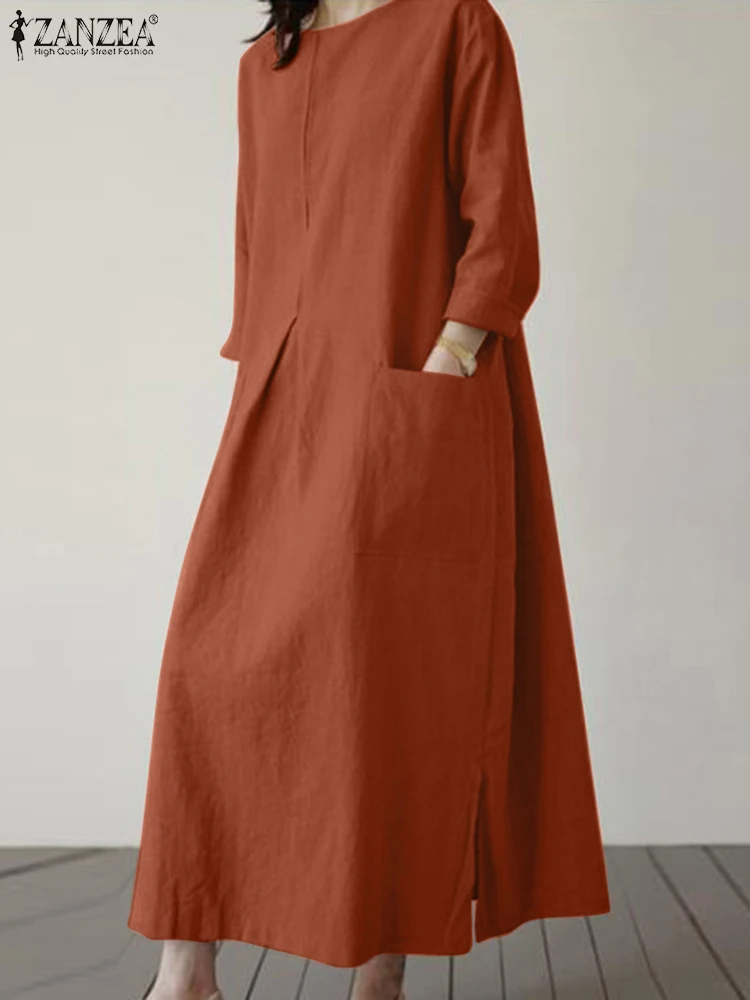 

2022 ZANZEA Fashion Autumn Dress Women Vintage Solid 3/4 Sleeve Loose Casual Sundress Robe Femme Oversize Baggy Vestidos Kaftan