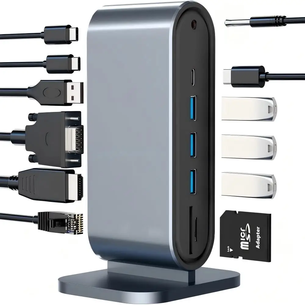 Фото Док-станция NULOXO 12-в-1 USB-C с поддержкой двух мониторов, HDMI, VGA, 100W PD, 4 портами USB 3.0, Ethernet, аудиовыходом, слотами SD/TF для Mac/Windows №1