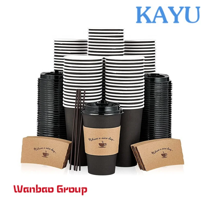 Customization Logo 8 12 14 Oz Biodegradable Black Takeaway Juice Cake Coffee Packaging Double Layer Paper Cups With Lid Sleeve