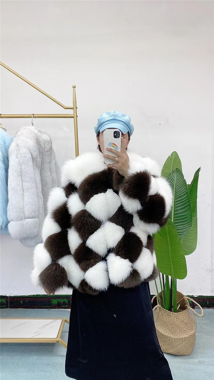 New Winter Real Fox Fur Coat Plaid Checkerboard Pattern Luxury Overcoat For Ladies Natural Fur Jacket Thick Warm Streetwear enlarge