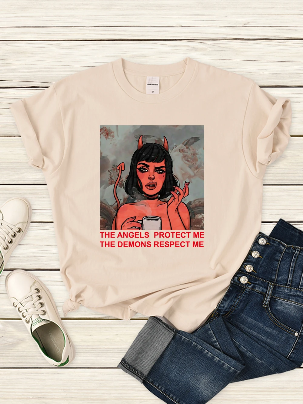 

The Angels Protect Me The Demons Respect Me Female Tshirt Hip Hop Cool Crop Top Vintage Sport Clothes Summer Fashion T Shirt