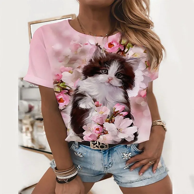 

NOVEDAD DE VERANO 2022, camiseta con estampado de gato en 3D para mujer, camiseta informal de manga corta con estampado de gato