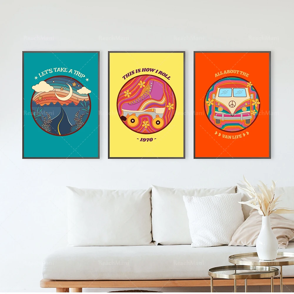 

Vintage Van Living Wall Art, Camper Poster, Vintage Camper Print, Vintage Roller Skate Print Decorative Pink Vintage Gift